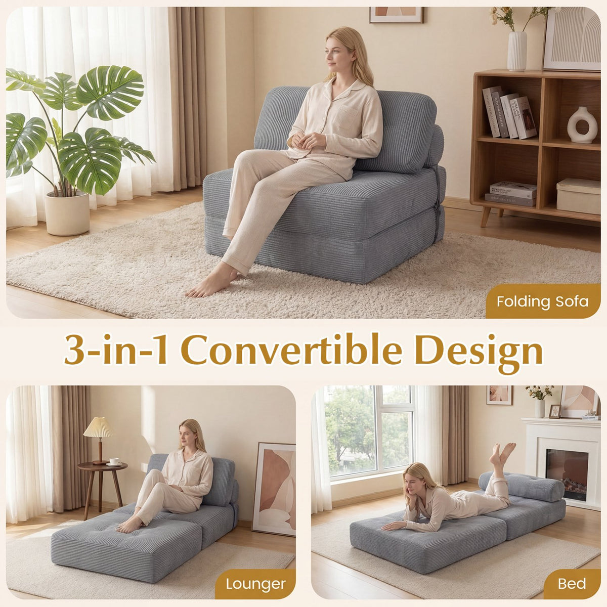 Folding Sofa Bed with Pillow and Back Support for Living Room-Gray view 7