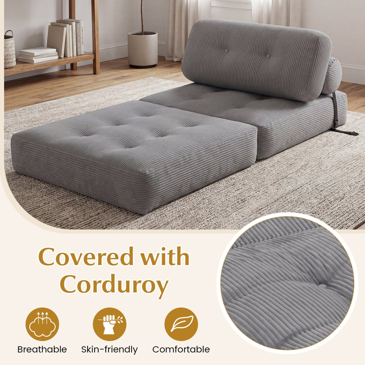 Folding Sofa Bed with Pillow and Back Support for Living Room-Gray view 8