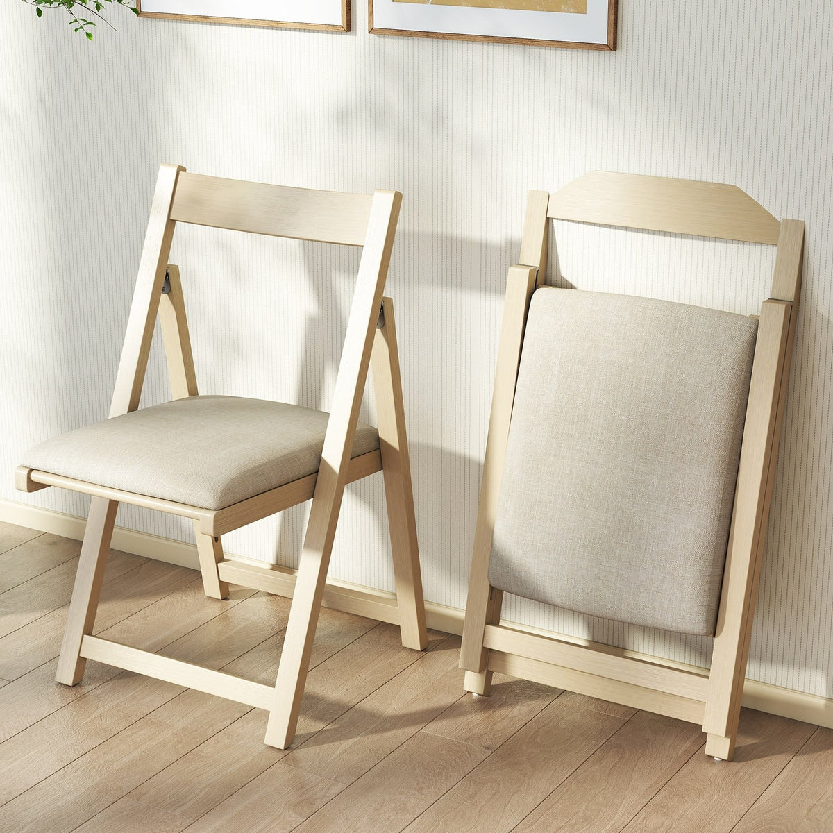 Folding Upholstered Dining Chair Set of 4 with Curved Backrest-Beige view 2
