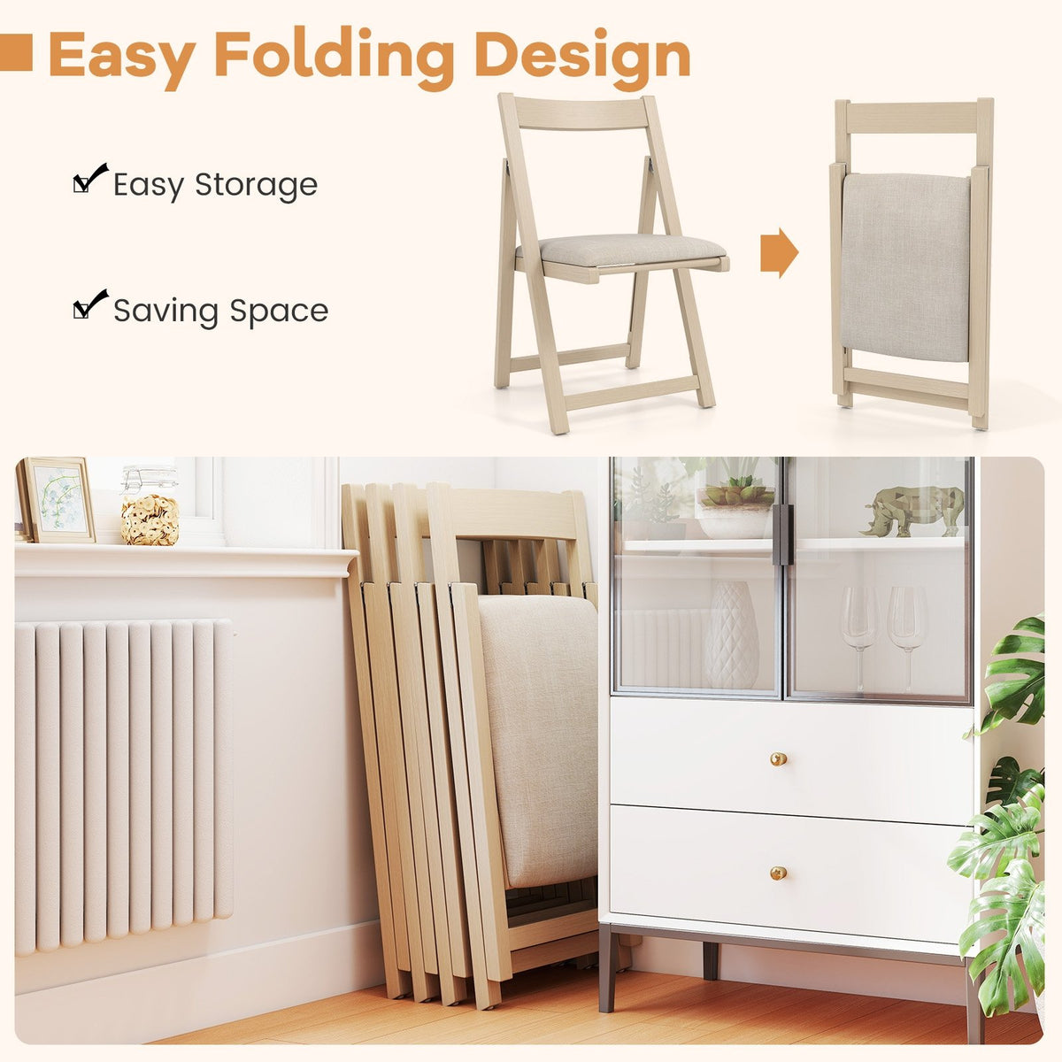 Folding Upholstered Dining Chair Set of 4 with Curved Backrest-Beige view 7