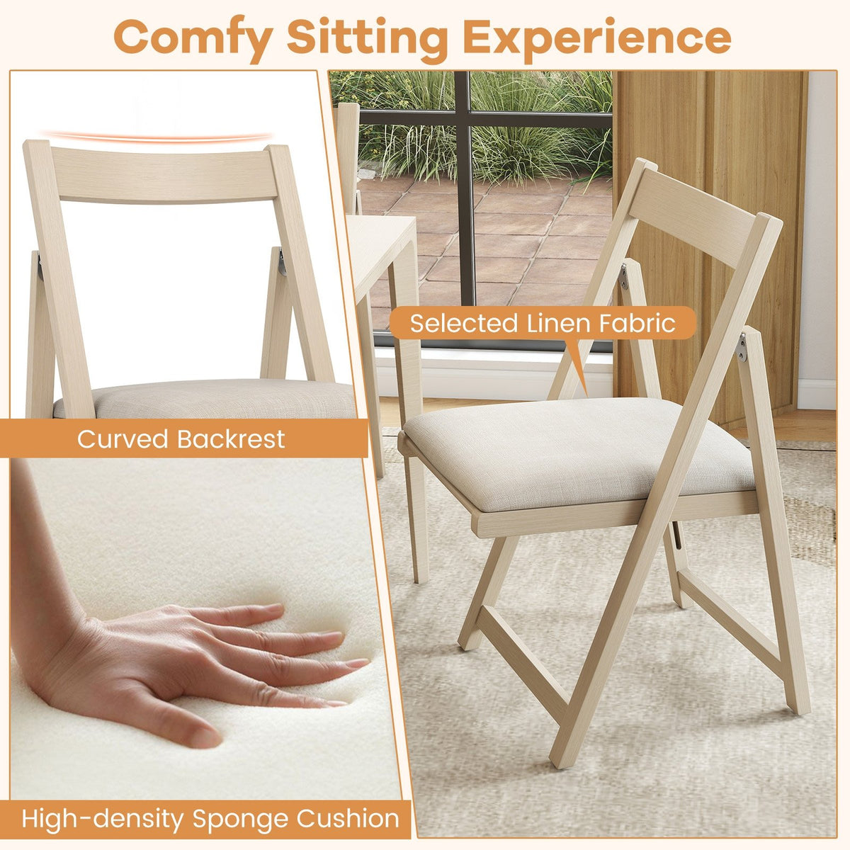 Folding Upholstered Dining Chair Set of 4 with Curved Backrest-Beige view 8