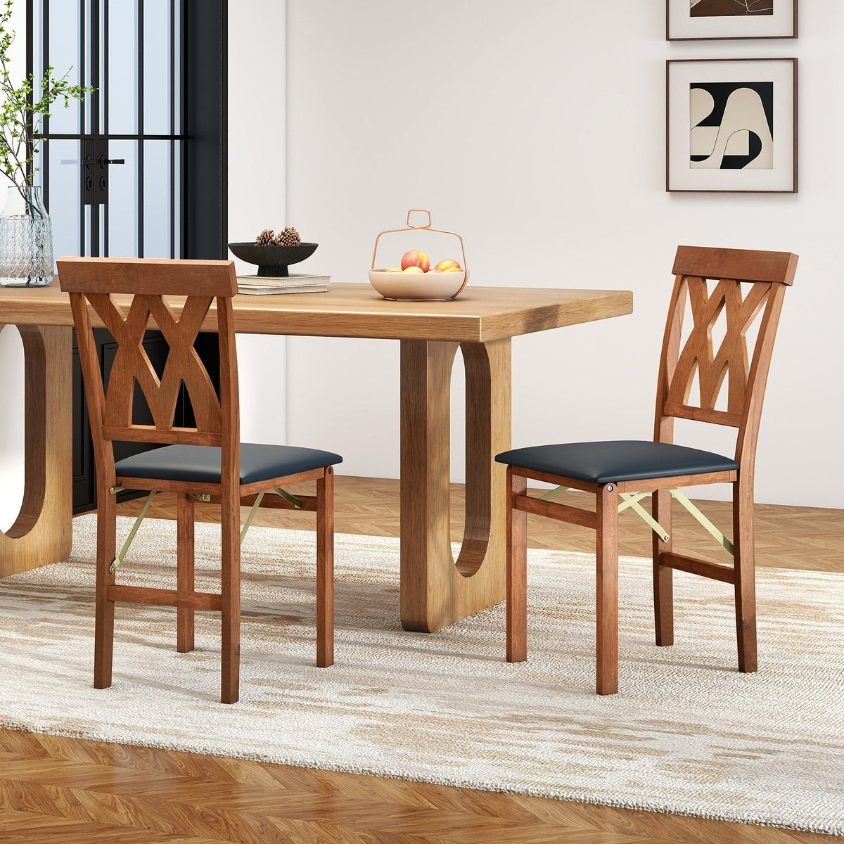 Folding Wooden Dining Chair Set of 2 Faux Leather Upholstered Kitchen Armless Chairs-Walnut view 2