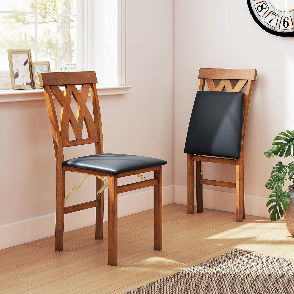 Folding Wooden Dining Chair Set of 2 Faux Leather Upholstered Kitchen Armless Chairs-Walnut view 3
