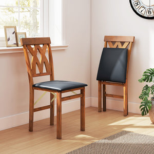 Folding Wooden Dining Chair Set of 2 Faux Leather Upholstered Kitchen Armless Chairs-Walnut view 3
