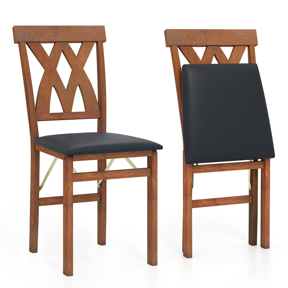 Folding Wooden Dining Chair Set of 2 Faux Leather Upholstered Kitchen Armless Chairs-Walnut view 4