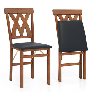 Folding Wooden Dining Chair Set of 2 Faux Leather Upholstered Kitchen Armless Chairs-Walnut view 4