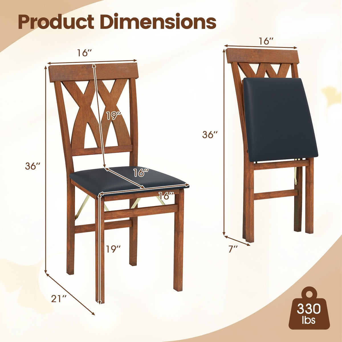 Folding Wooden Dining Chair Set of 2 Faux Leather Upholstered Kitchen Armless Chairs-Walnut view 5