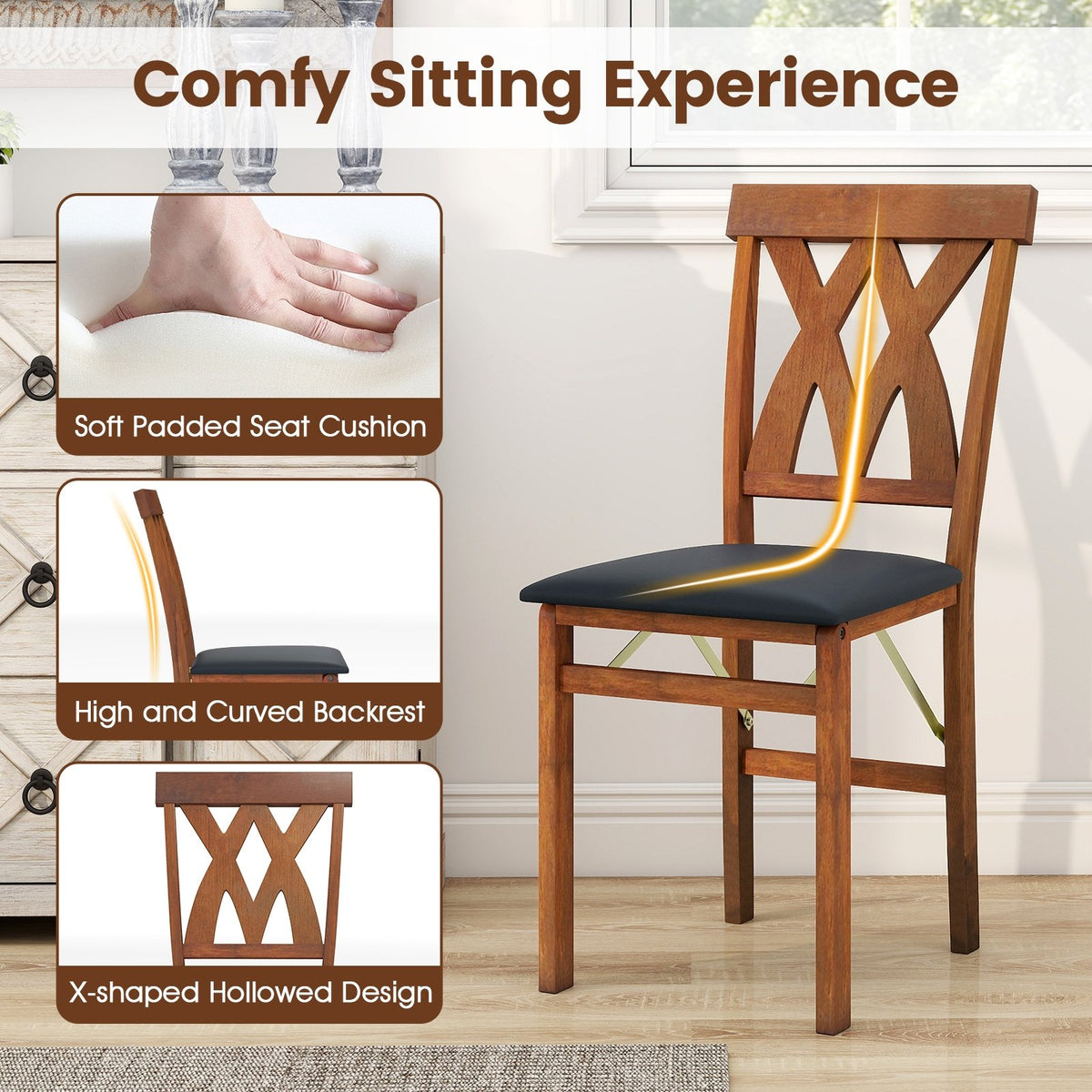 Folding Wooden Dining Chair Set of 2 Faux Leather Upholstered Kitchen Armless Chairs-Walnut view 9