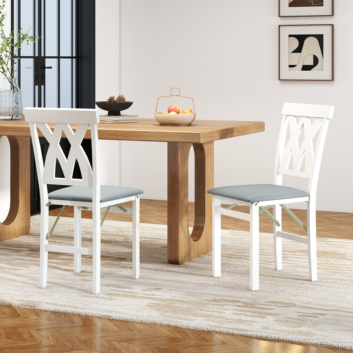 Folding Wooden Dining Chair Set of 2 Faux Leather Upholstered Kitchen Armless Chairs-White view 2