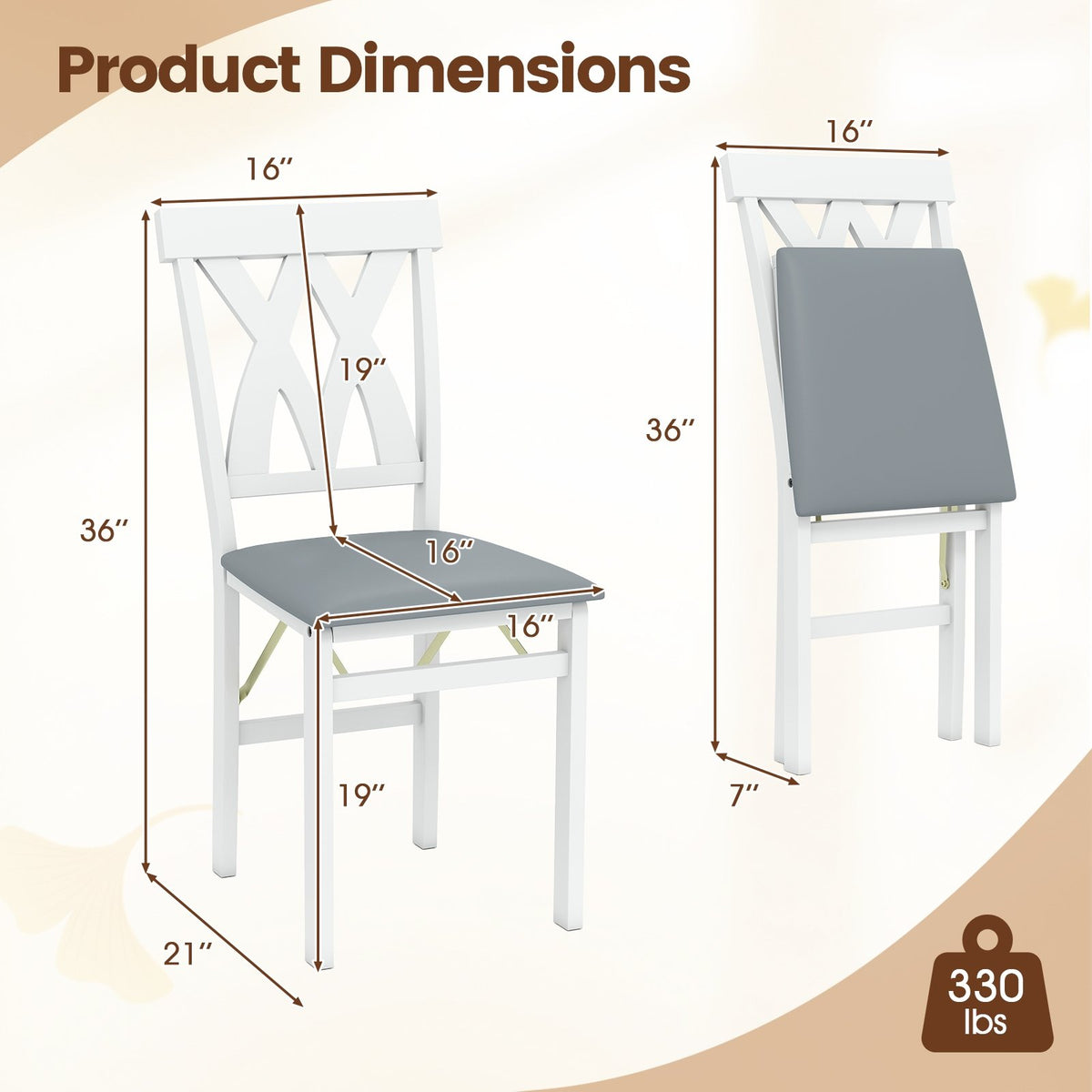 Folding Wooden Dining Chair Set of 2 Faux Leather Upholstered Kitchen Armless Chairs-White view 5