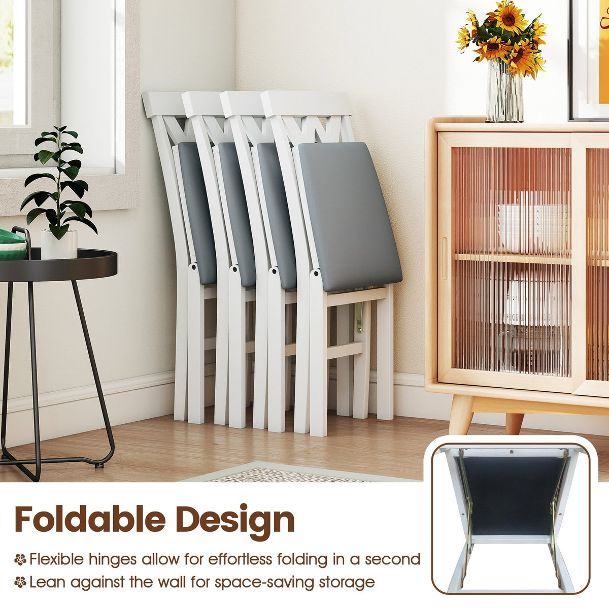 Folding Wooden Dining Chair Set of 2 Faux Leather Upholstered Kitchen Armless Chairs-White view 6