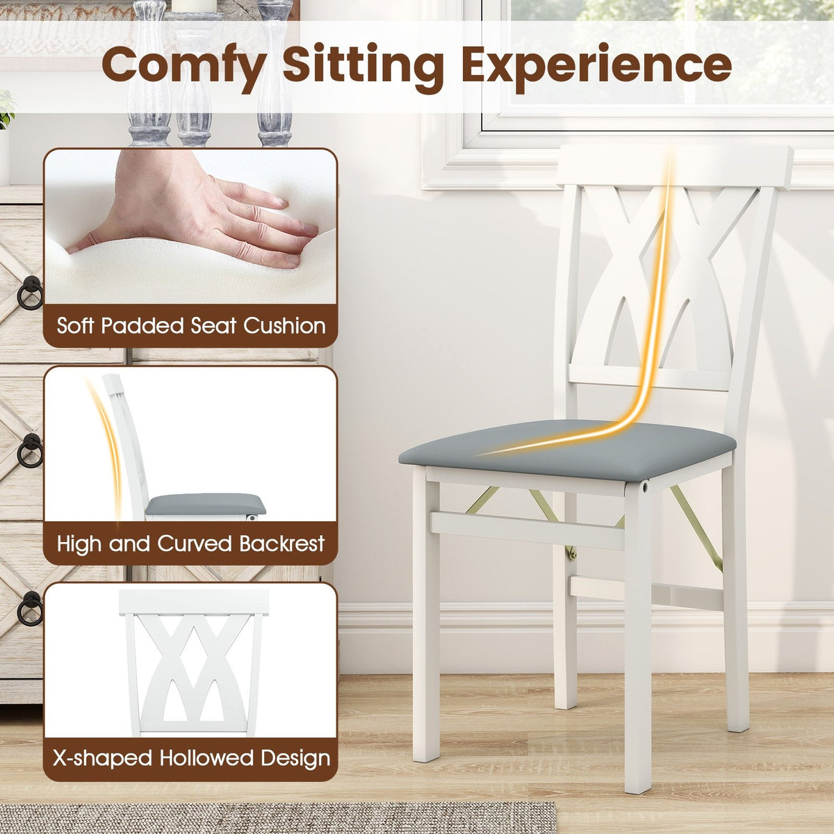 Folding Wooden Dining Chair Set of 2 Faux Leather Upholstered Kitchen Armless Chairs-White view 9