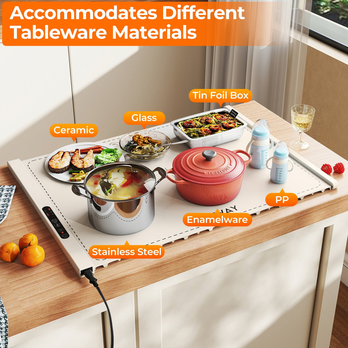 Food Warming Mat Rollable and Portable Electric Warming Tray with Fasting Heating-Beige view 3
