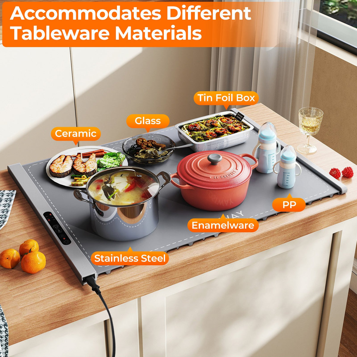 Food Warming Mat Rollable and Portable Electric Warming Tray with Fasting Heating-Gray view 3