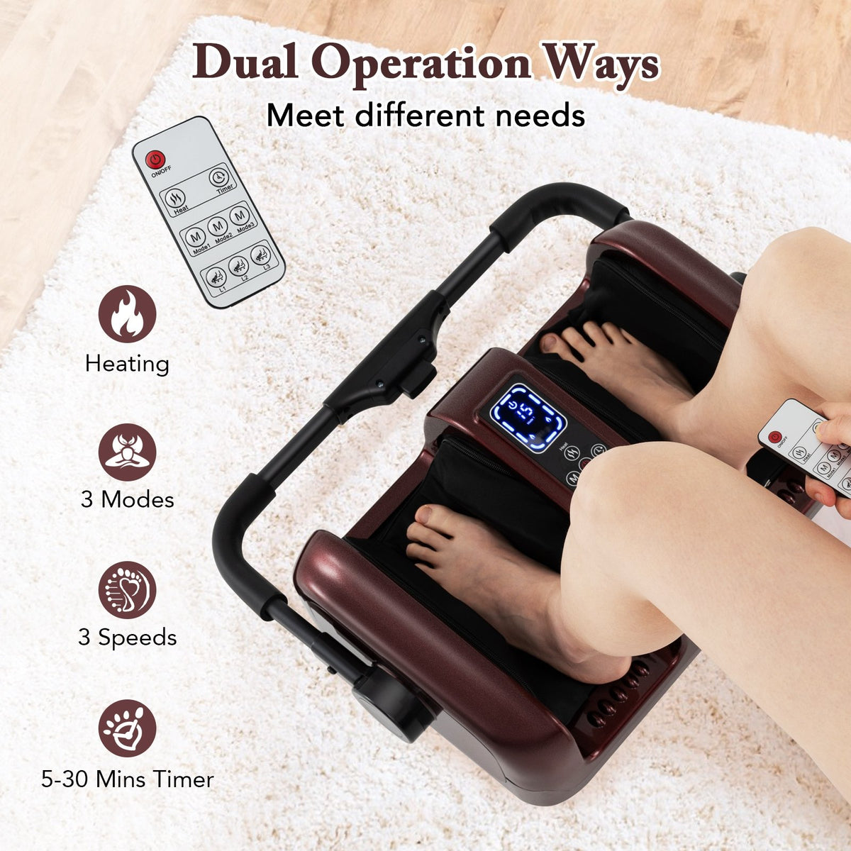 Foot and Calf Massager with Heat Shiatsu Deep Kneading Rolling Smart Electric Leg Massager-Red view 5
