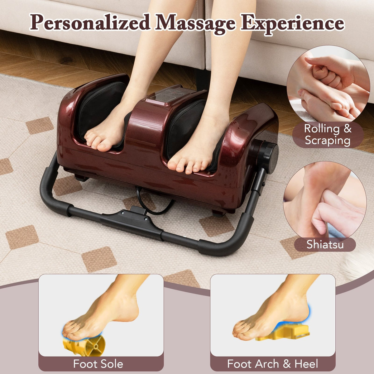 Foot and Calf Massager with Heat Shiatsu Deep Kneading Rolling Smart Electric Leg Massager-Red view 7