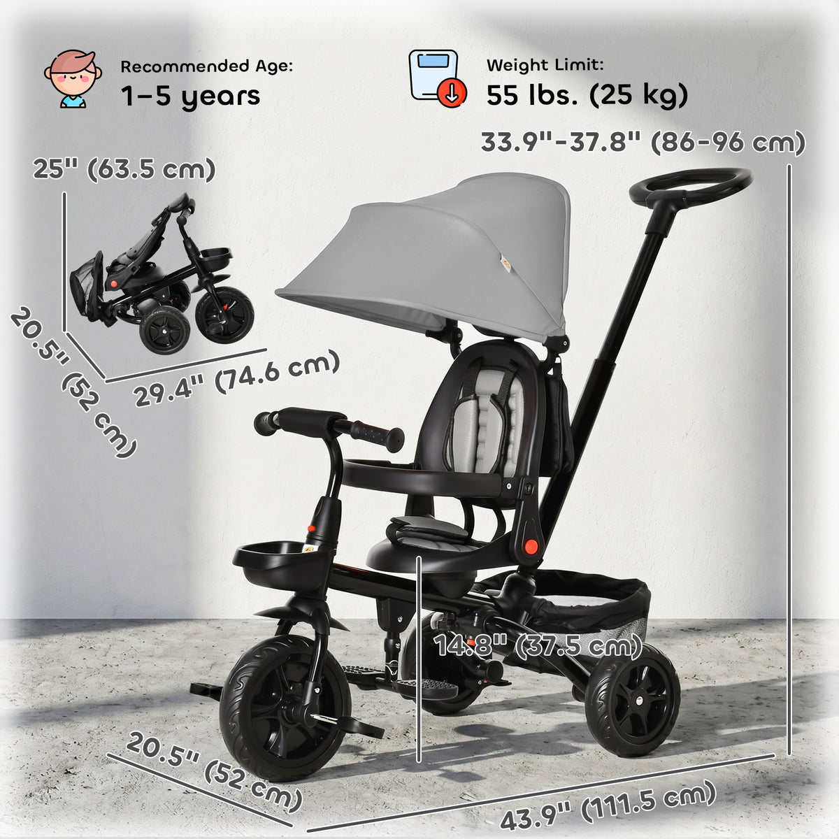Qaba Tricycle for Toddler 5 in 1 Kids Trike, Foldable Converts Stroller to Toddler Bike, Adjustable Backrest & Curved Canopy, Detachable Guardrail & Handle for 1-5 Years Old