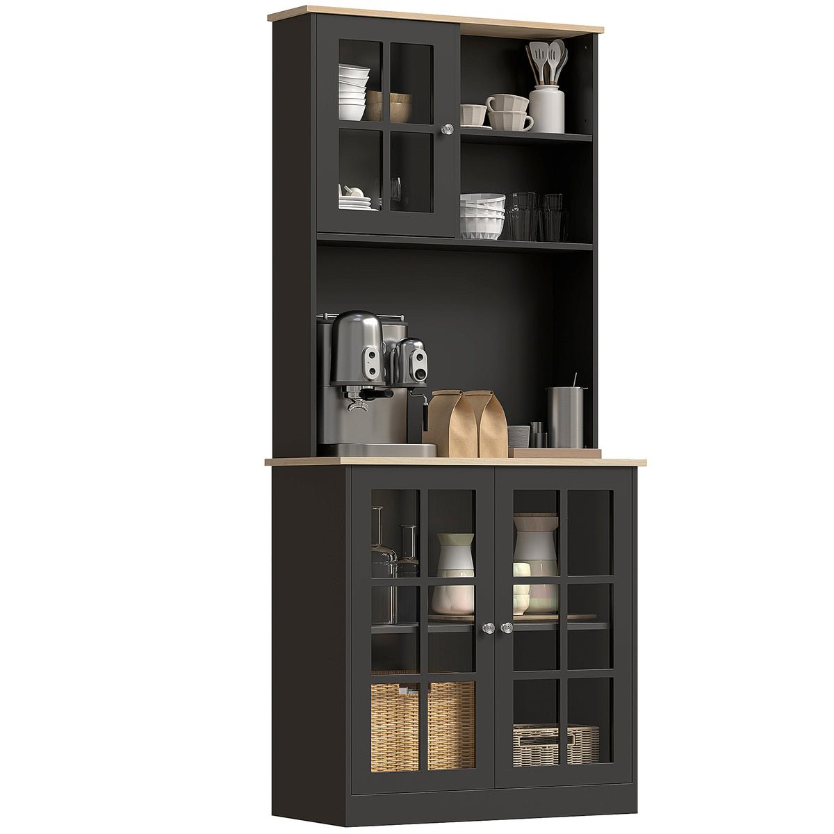 Kitchen Buffet with Hutch, Storage Pantry with 3 Cabinets, 2 Open Shelves and Large Countertop, Black – view 6