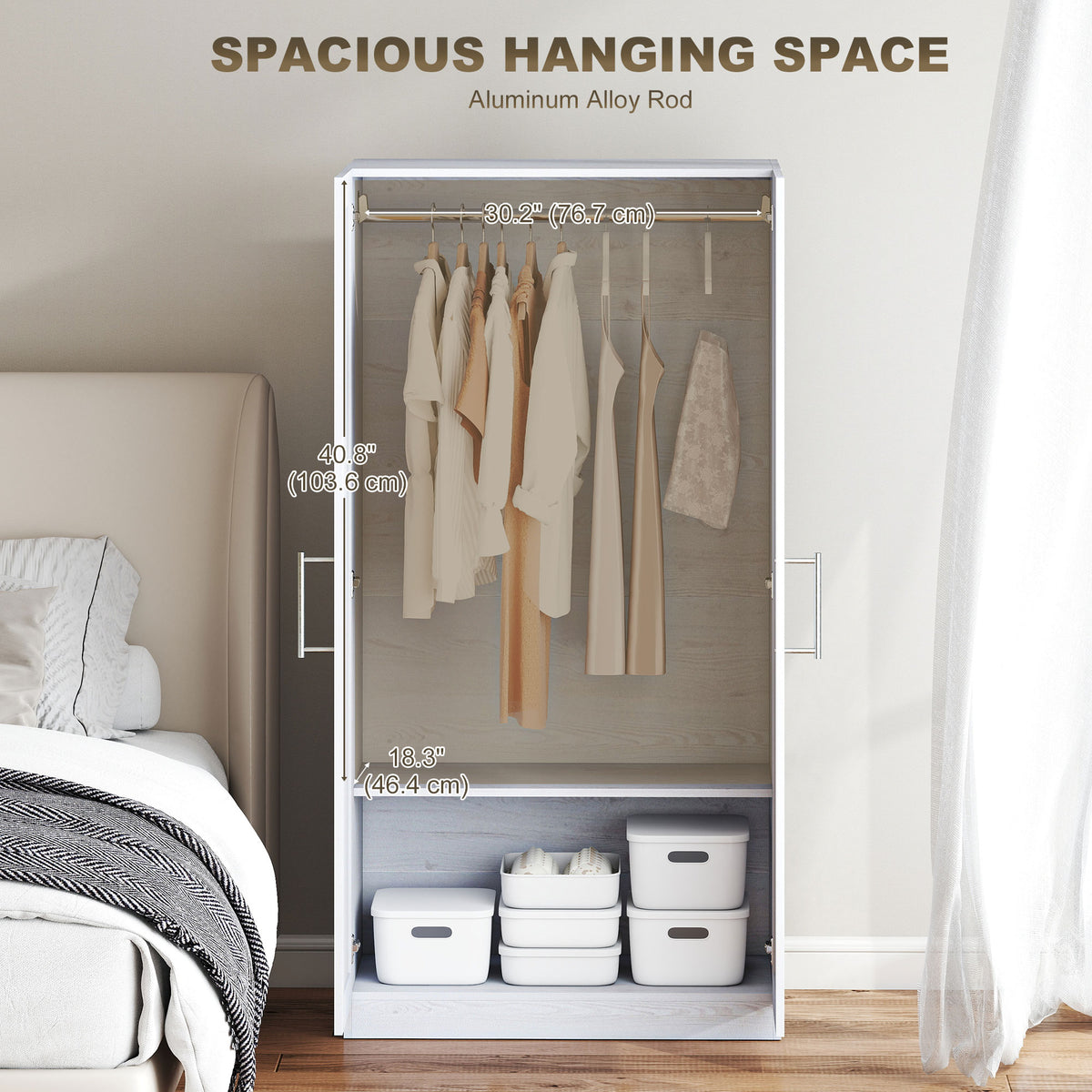 Wardrobe Cabinet with 2 Doors and Hanging Rod, Modern Armoire Wardrobe Closet for Bedroom, Black Wood Effect – view 10