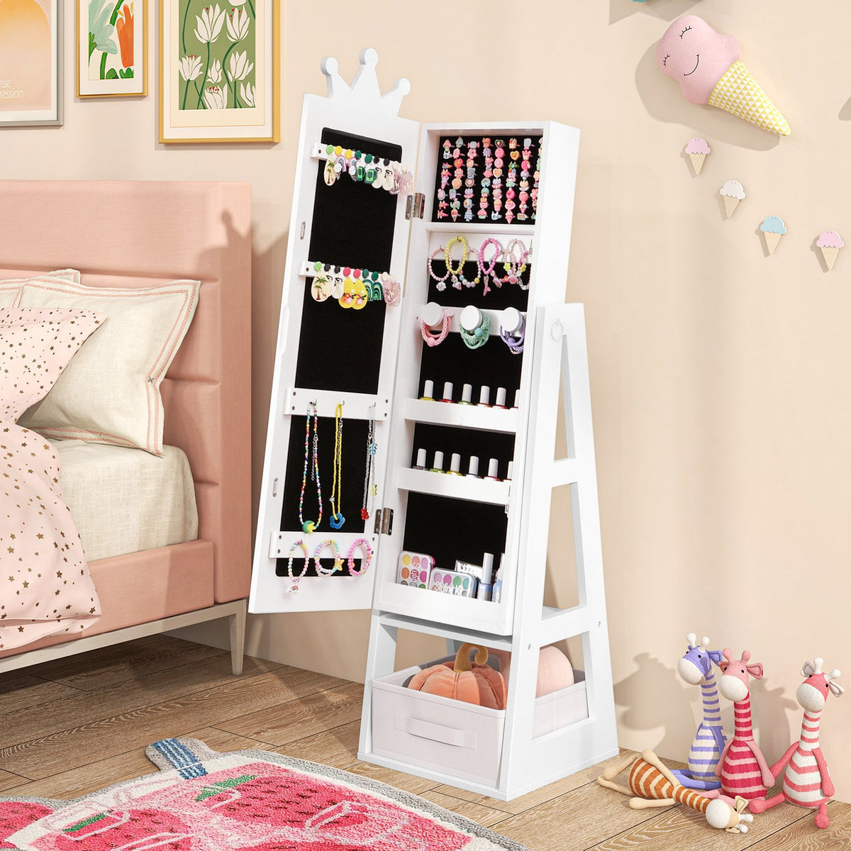 Free-Standing Full Length Kids Jewelry Armoire Cabinet with Storage Capacity-White view 2
