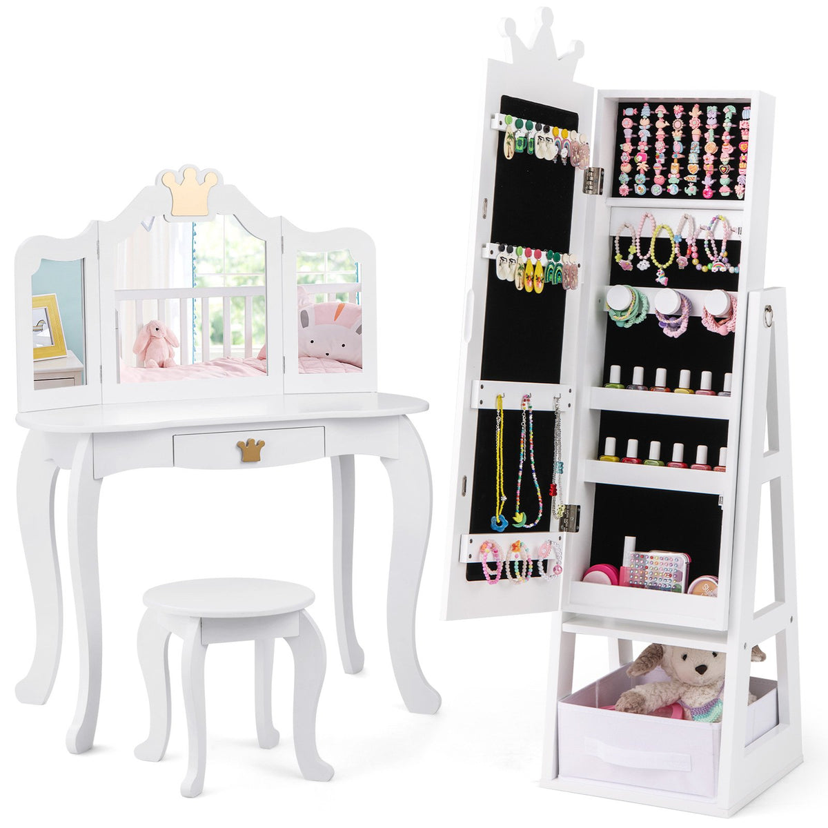 Free-Standing Full Length Kids Jewelry Armoire Cabinet with Storage Capacity-White view 4