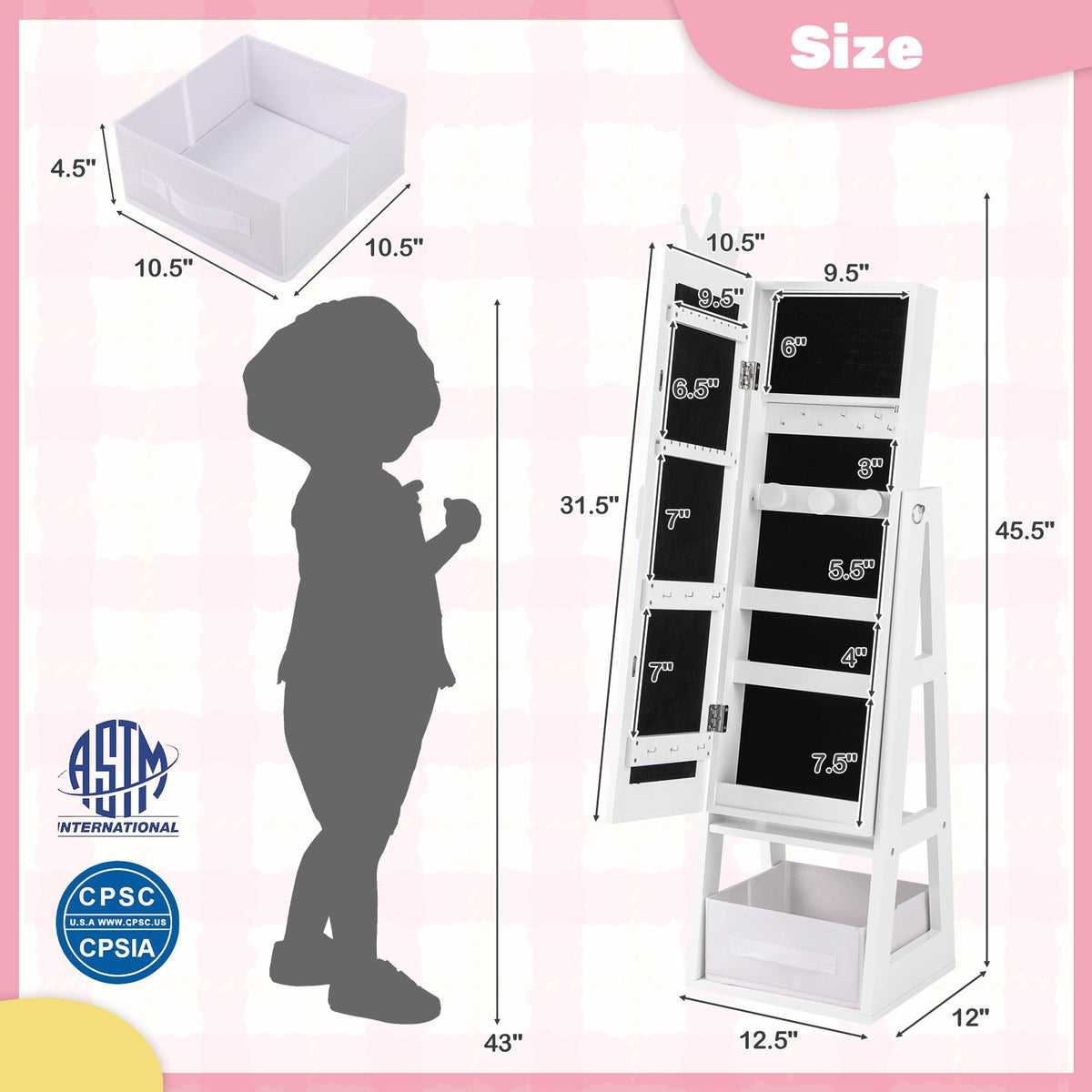Free-Standing Full Length Kids Jewelry Armoire Cabinet with Storage Capacity-White view 5