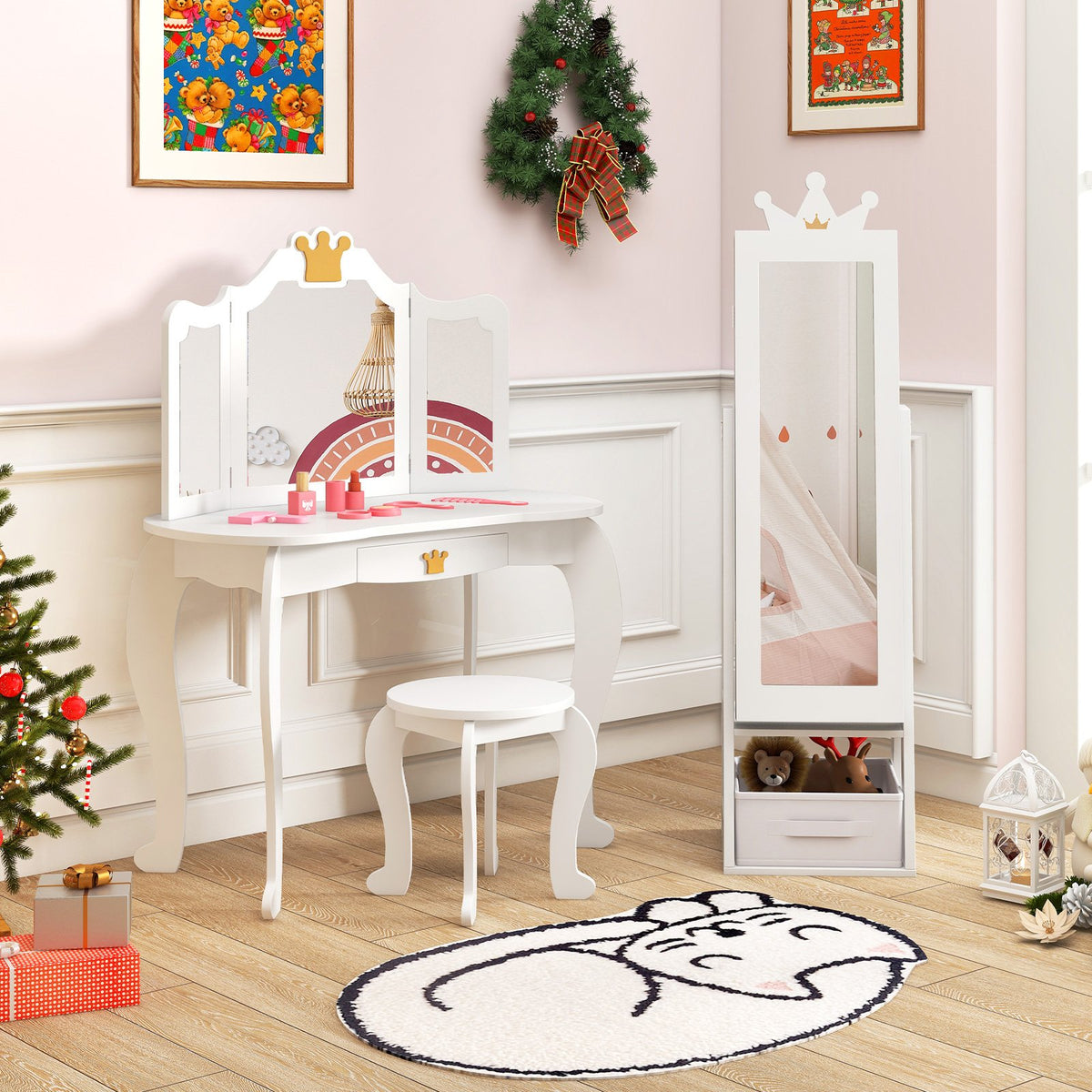 Free-Standing Full Length Kids Jewelry Armoire Cabinet with Storage Capacity-White view 6