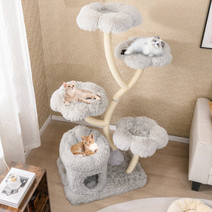 Freestanding Cat Tower with four Flower-shaped Platforms and Sisal Scratching Posts-Gray view 3