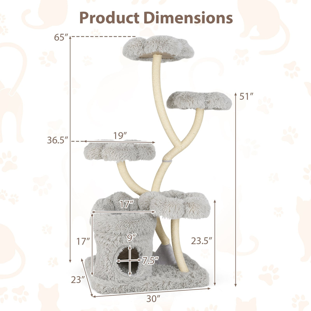 Freestanding Cat Tower with four Flower-shaped Platforms and Sisal Scratching Posts-Gray view 5