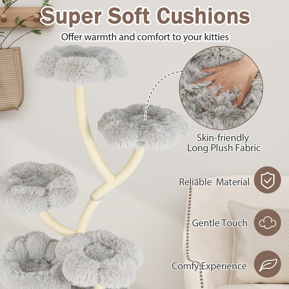 Freestanding Cat Tower with four Flower-shaped Platforms and Sisal Scratching Posts-Gray view 6