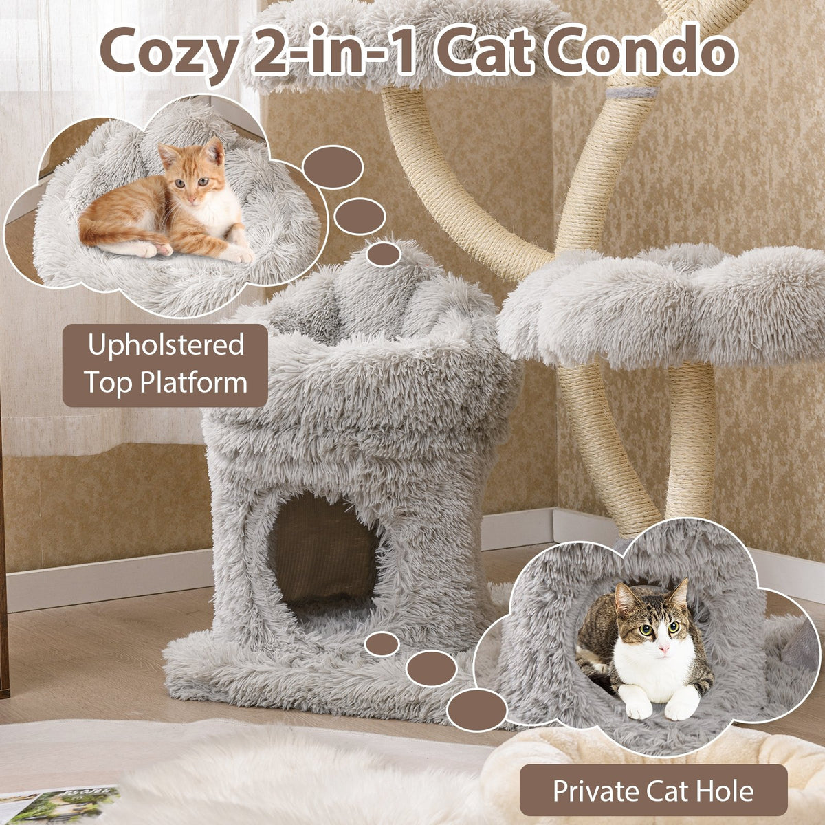 Freestanding Cat Tower with four Flower-shaped Platforms and Sisal Scratching Posts-Gray view 7