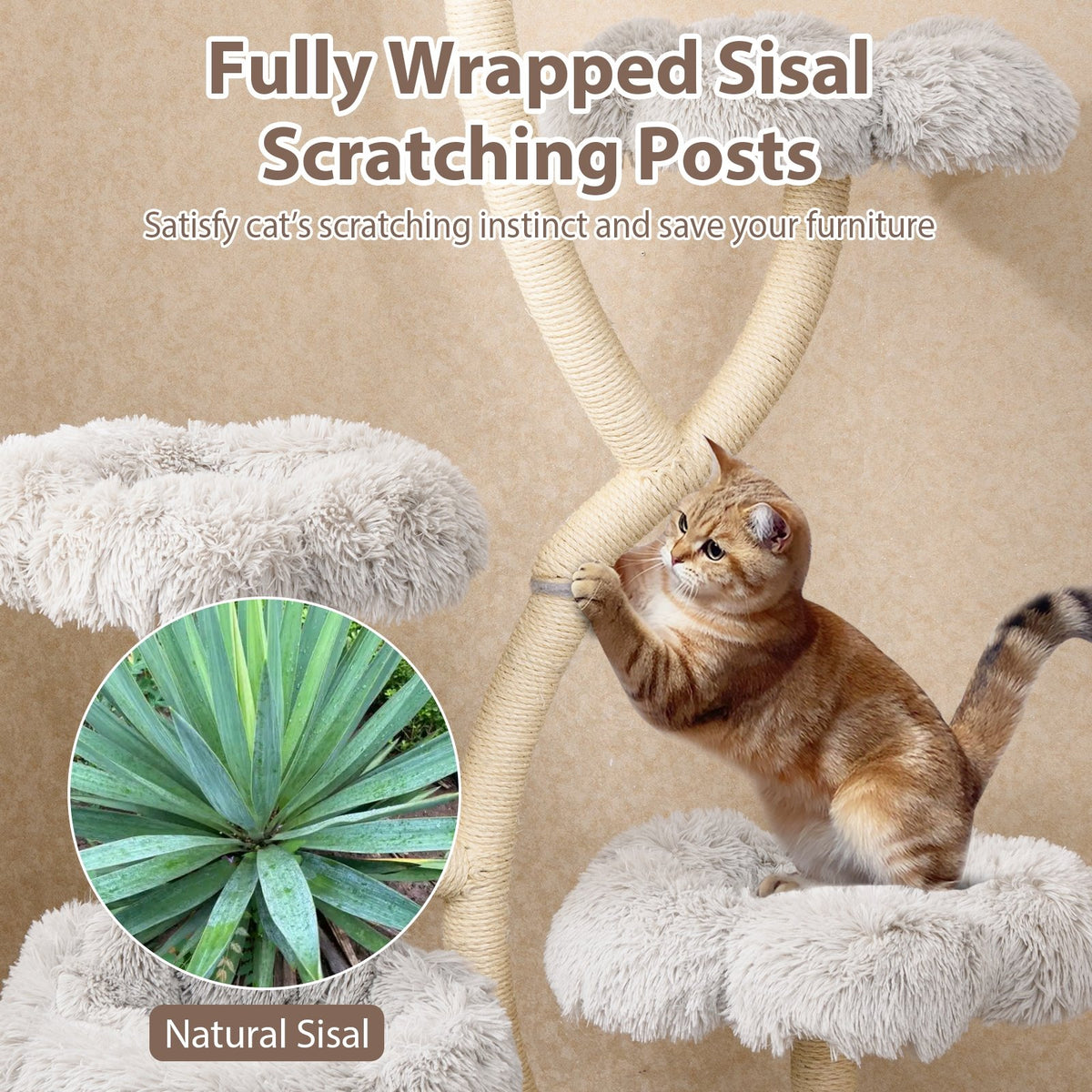 Freestanding Cat Tower with four Flower-shaped Platforms and Sisal Scratching Posts-Gray view 8
