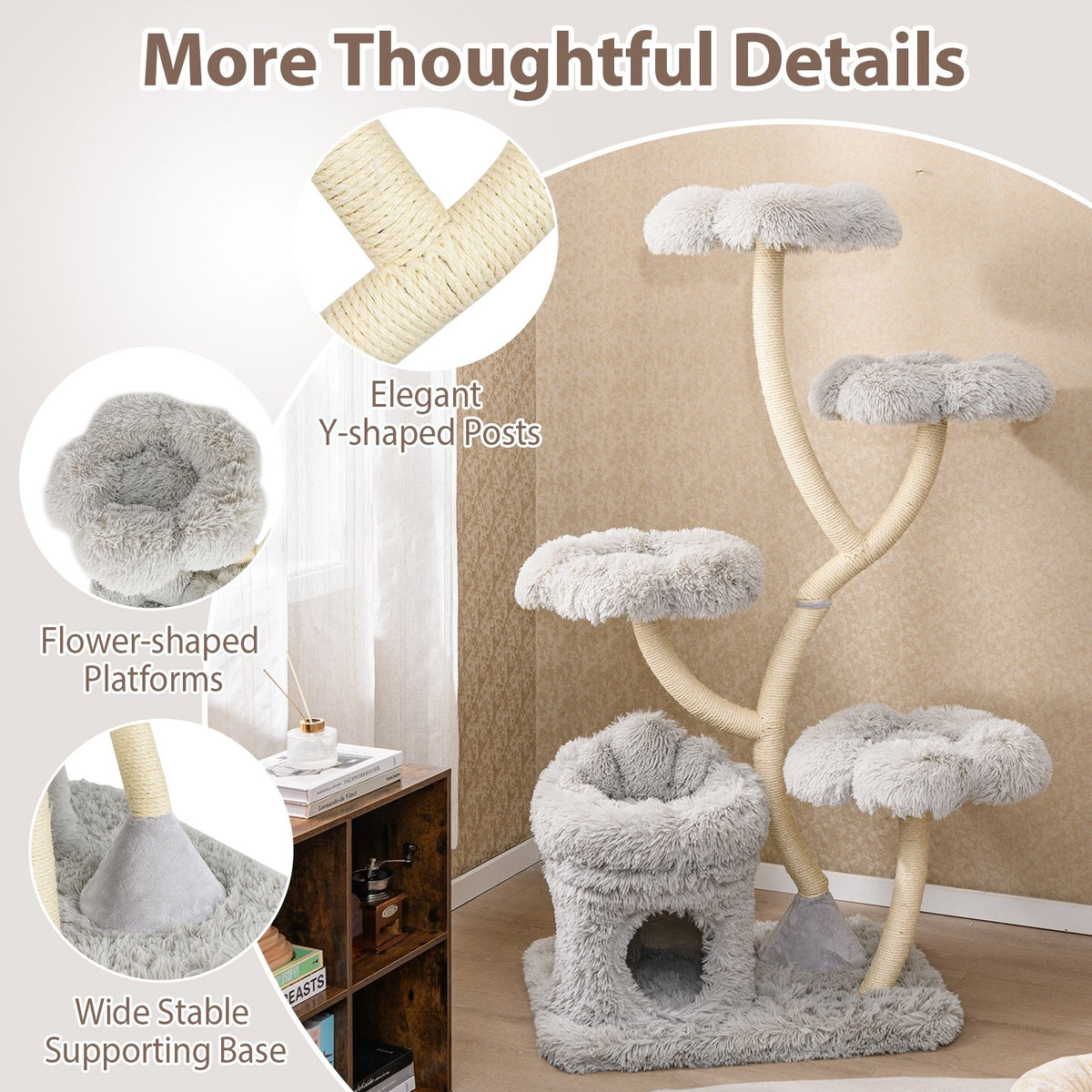 Freestanding Cat Tower with four Flower-shaped Platforms and Sisal Scratching Posts-Gray view 9
