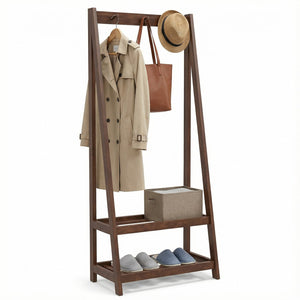 Freestanding Clothes Rack with 3 Hooks and 2 Shelves-Walnut