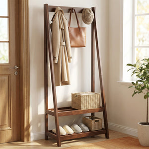 Freestanding Clothes Rack with 3 Hooks and 2 Shelves-Walnut view 2