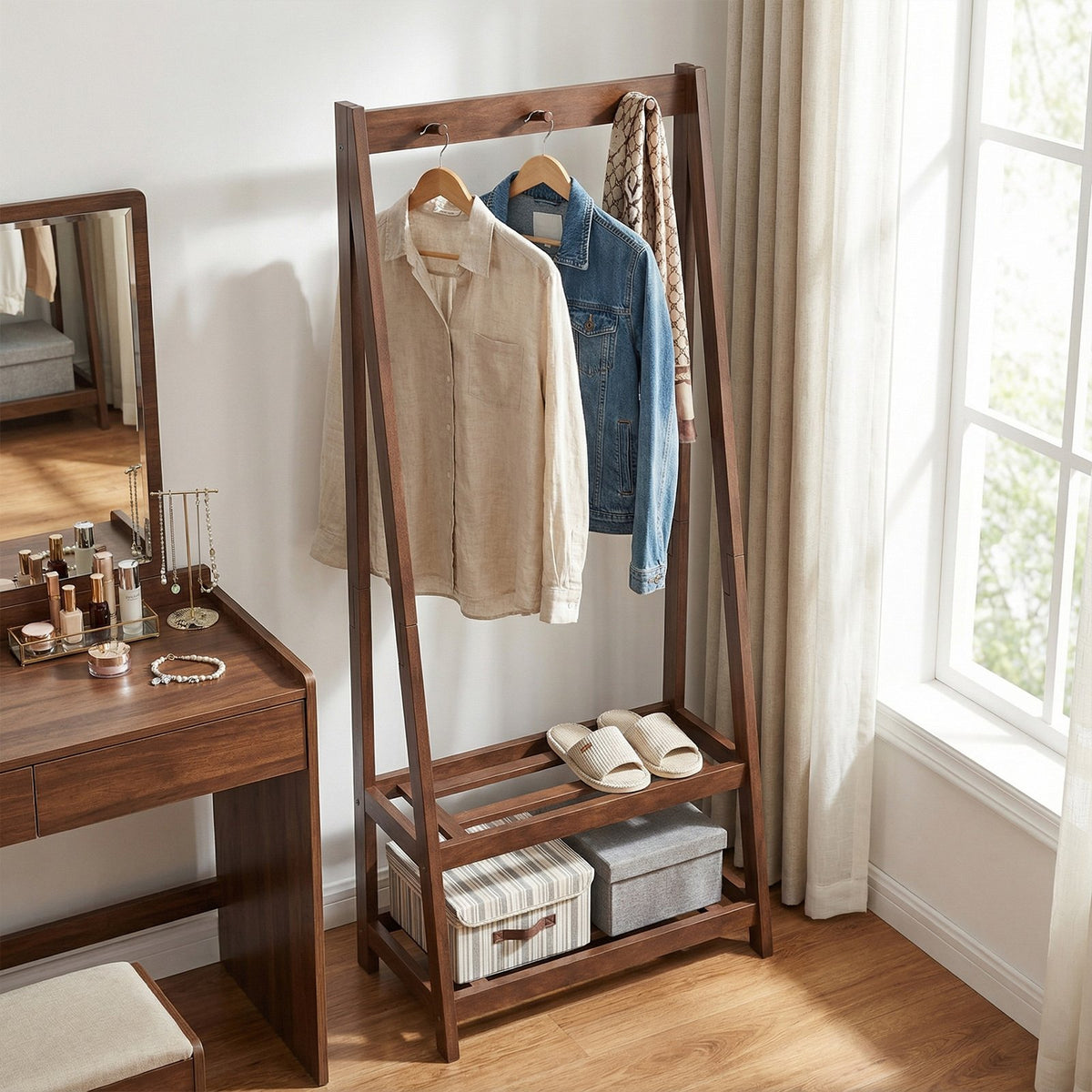 Freestanding Clothes Rack with 3 Hooks and 2 Shelves-Walnut view 3