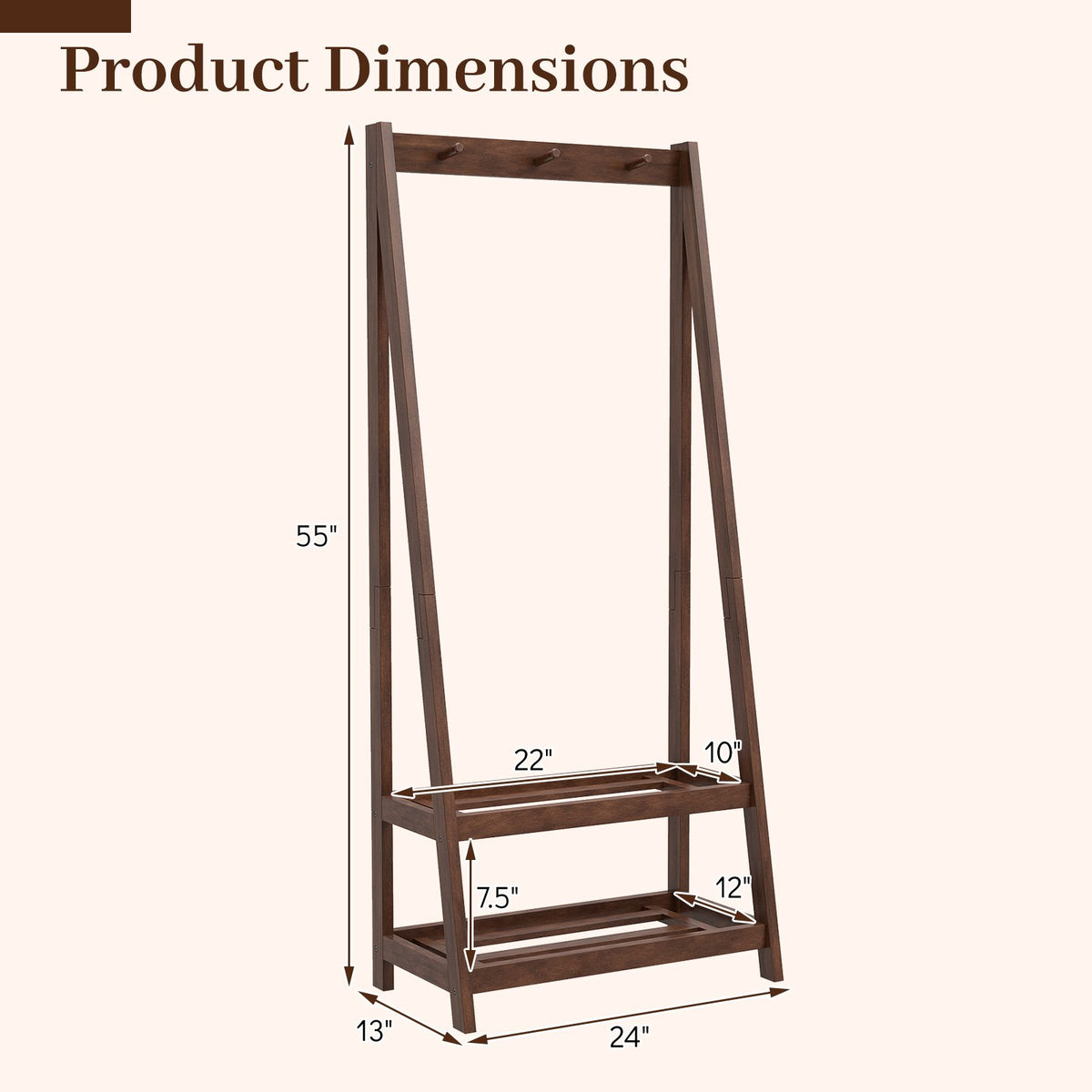 Freestanding Clothes Rack with 3 Hooks and 2 Shelves-Walnut view 5