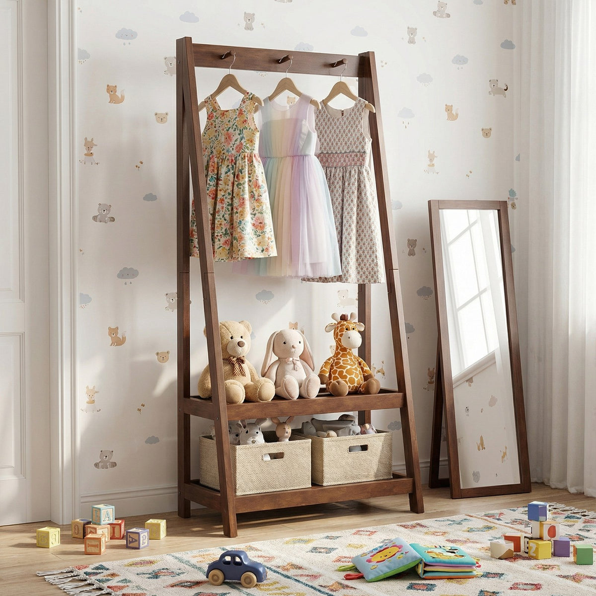 Freestanding Clothes Rack with 3 Hooks and 2 Shelves-Walnut view 7