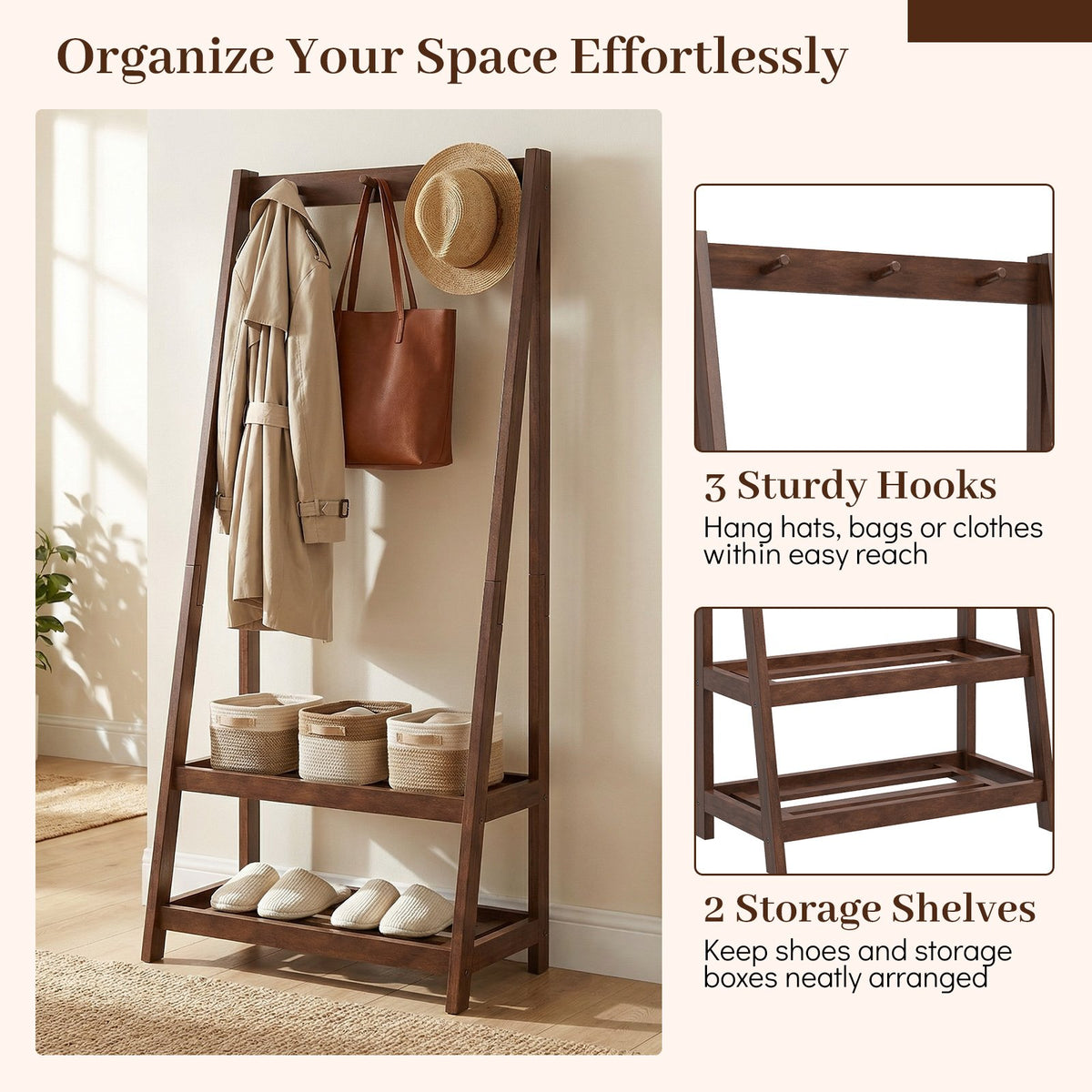 Freestanding Clothes Rack with 3 Hooks and 2 Shelves-Walnut view 8