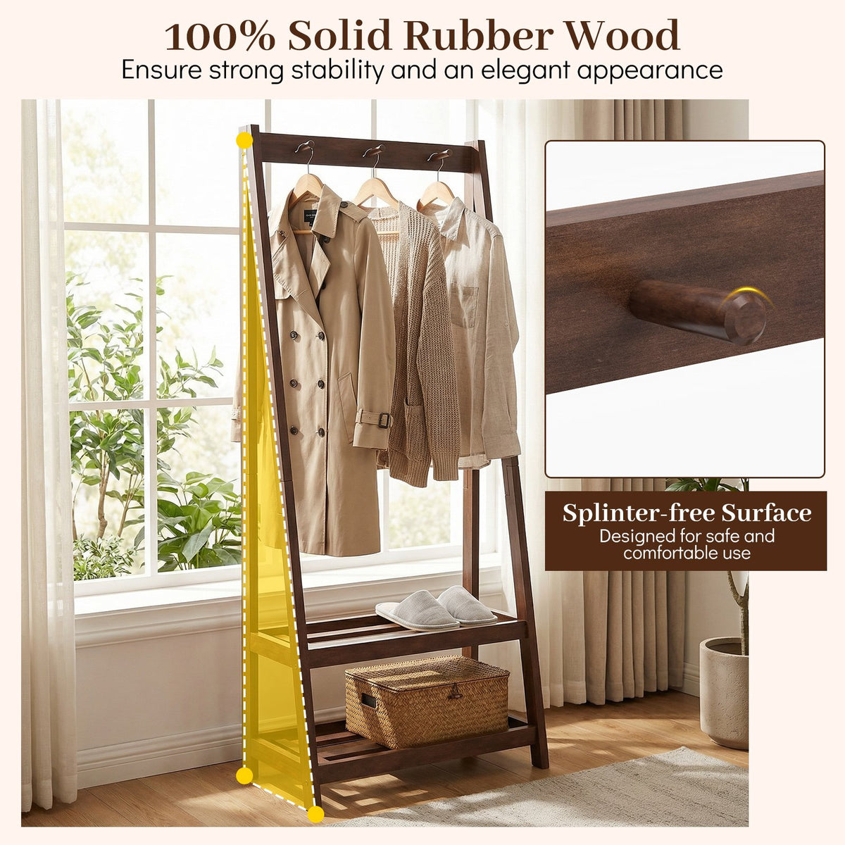 Freestanding Clothes Rack with 3 Hooks and 2 Shelves-Walnut view 9