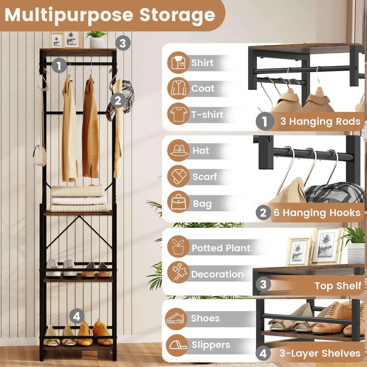 Freestanding Coat Rack with 4 Storage Shelves and 6 Hooks-Rustic Brown view 6