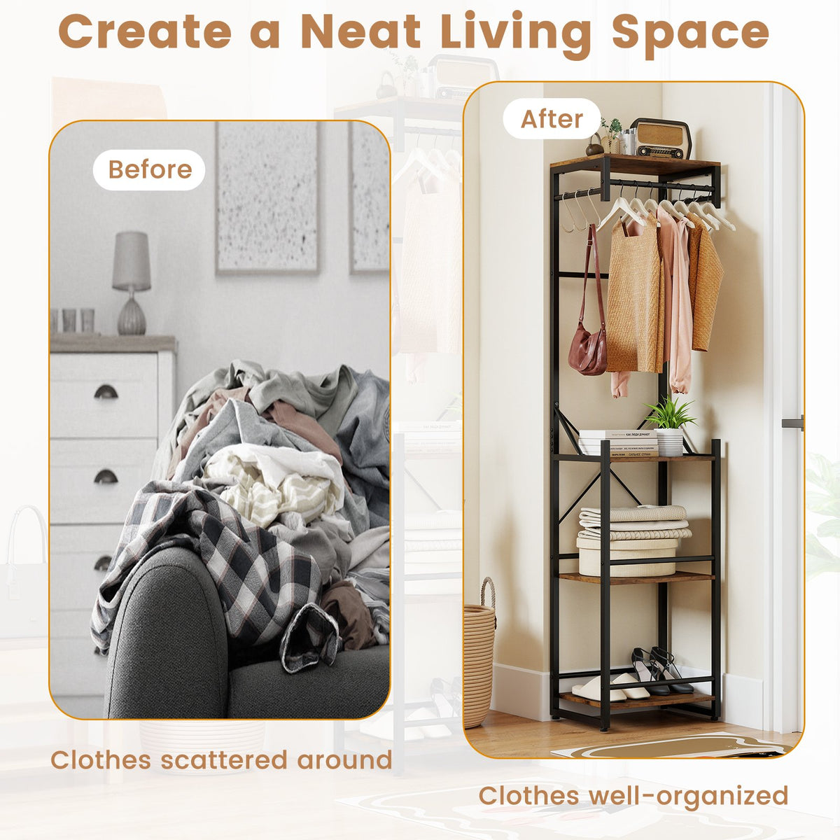 Freestanding Coat Rack with 4 Storage Shelves and 6 Hooks-Rustic Brown view 7