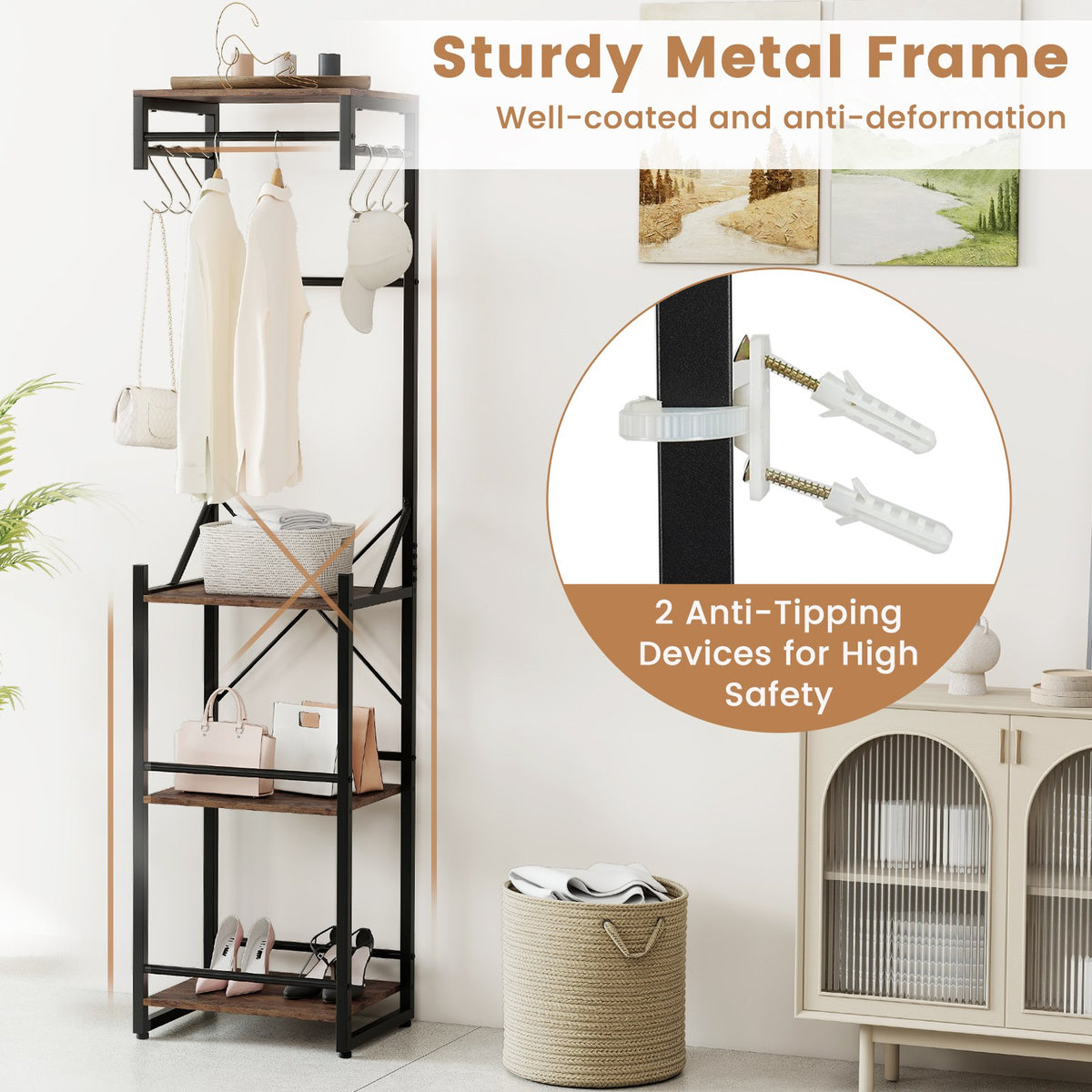 Freestanding Coat Rack with 4 Storage Shelves and 6 Hooks-Rustic Brown view 8