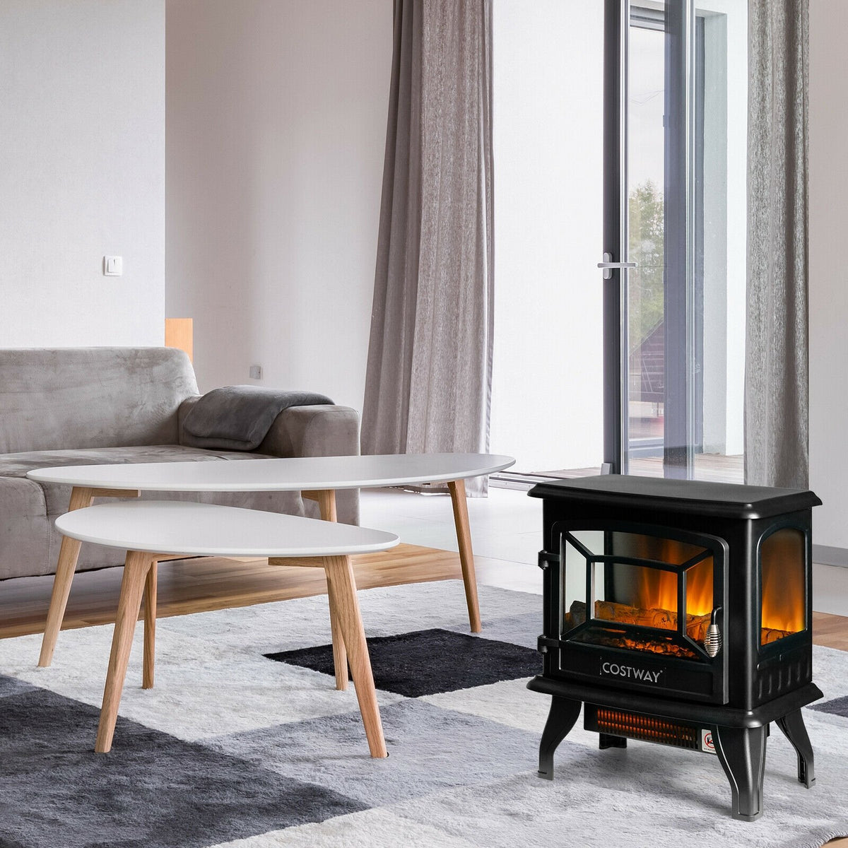 Freestanding Fireplace Heater with Realistic Dancing Flame Effect-Black view 2