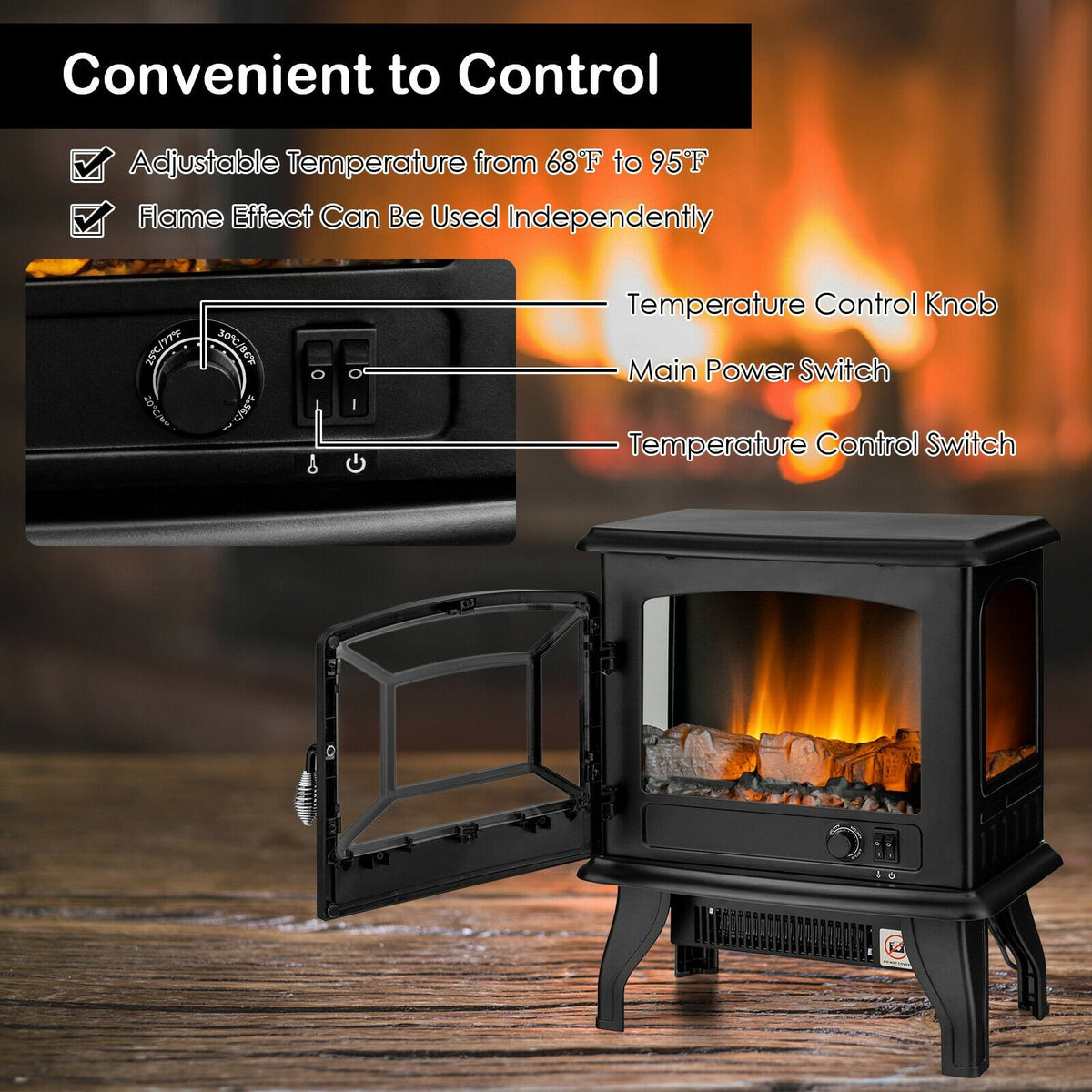 Freestanding Fireplace Heater with Realistic Dancing Flame Effect-Black view 3