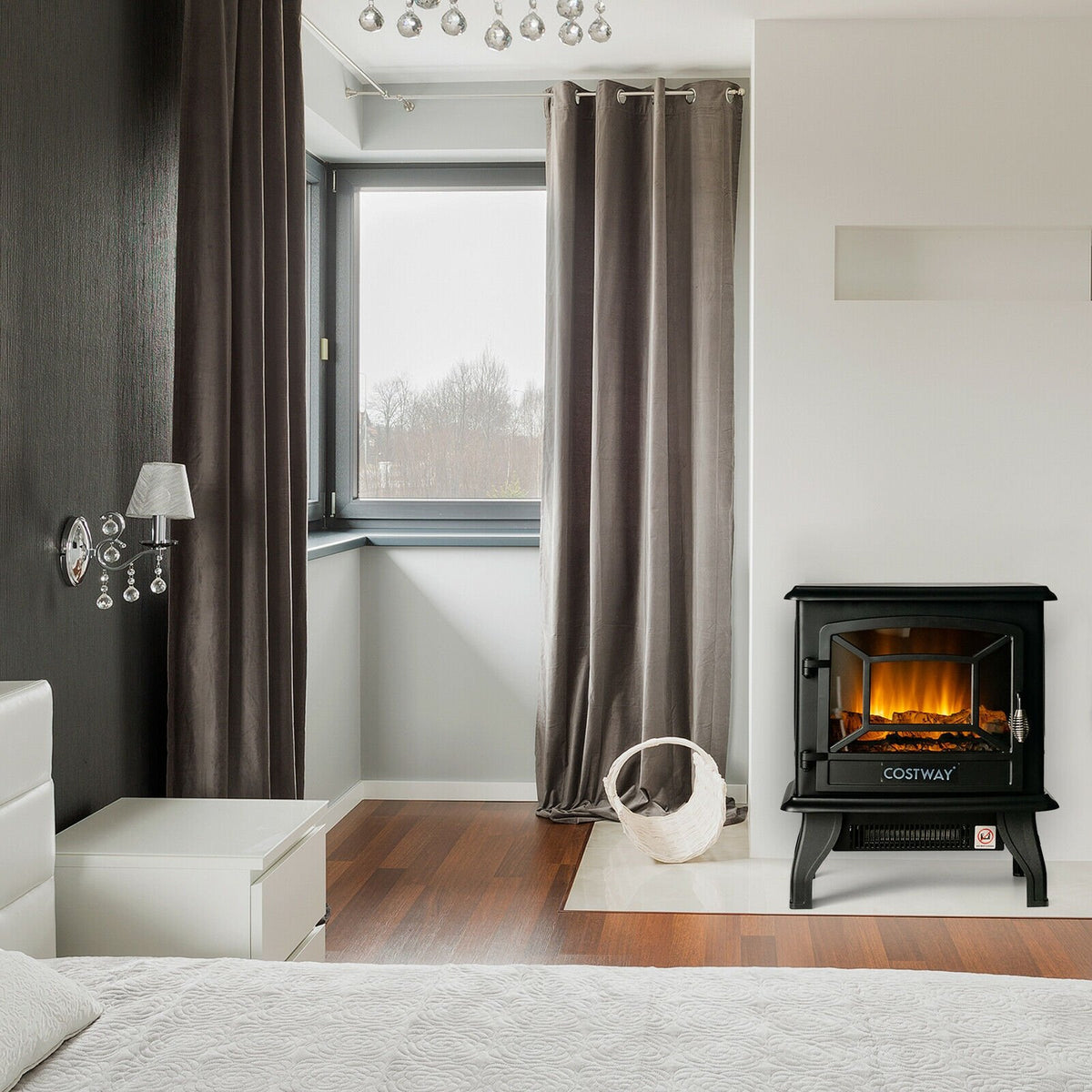 Freestanding Fireplace Heater with Realistic Dancing Flame Effect-Black view 6