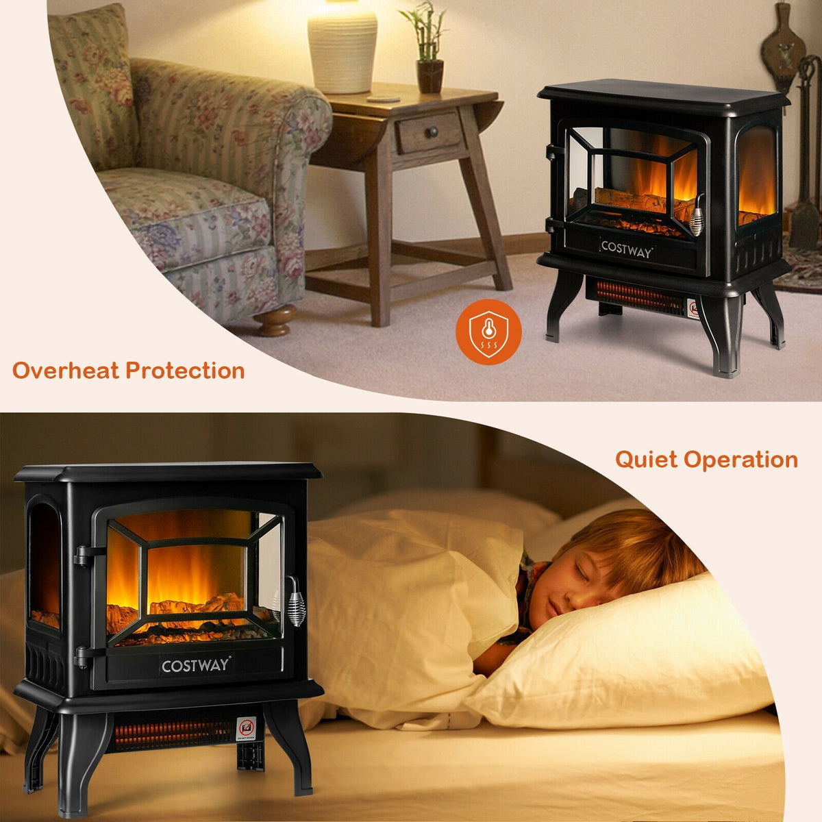 Freestanding Fireplace Heater with Realistic Dancing Flame Effect-Black view 8