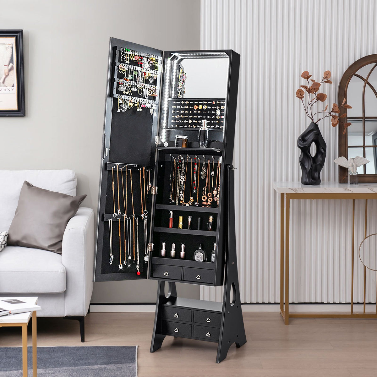 Freestanding Full Length LED Mirrored Jewelry Armoire with 6 Drawers-Black view 2
