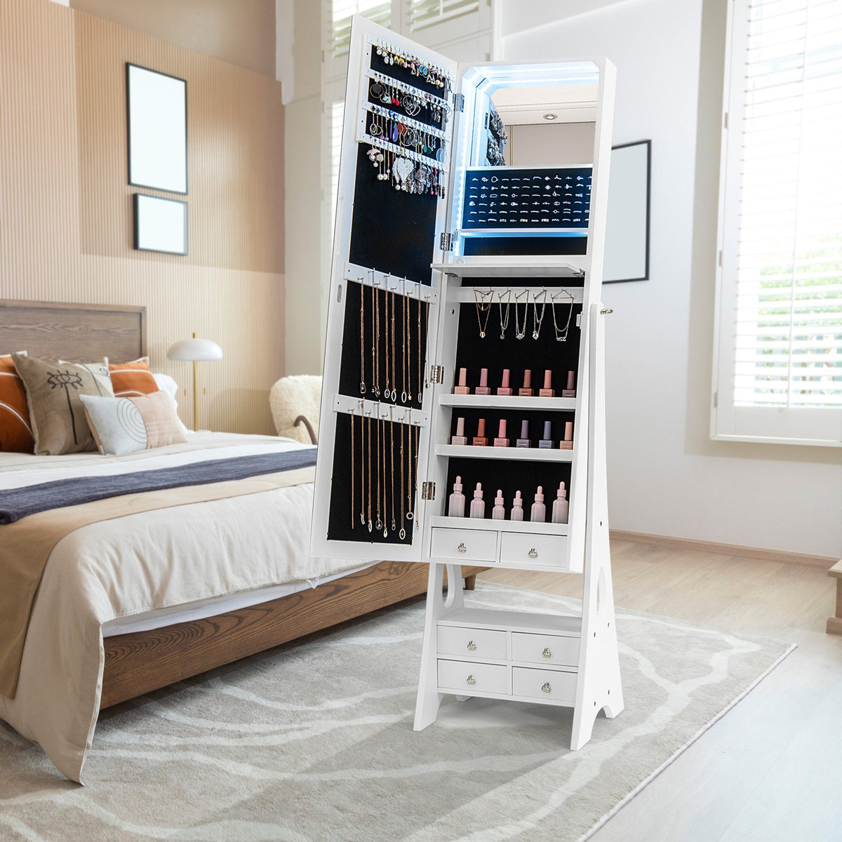Freestanding Full Length LED Mirrored Jewelry Armoire with 6 Drawers-White view 2