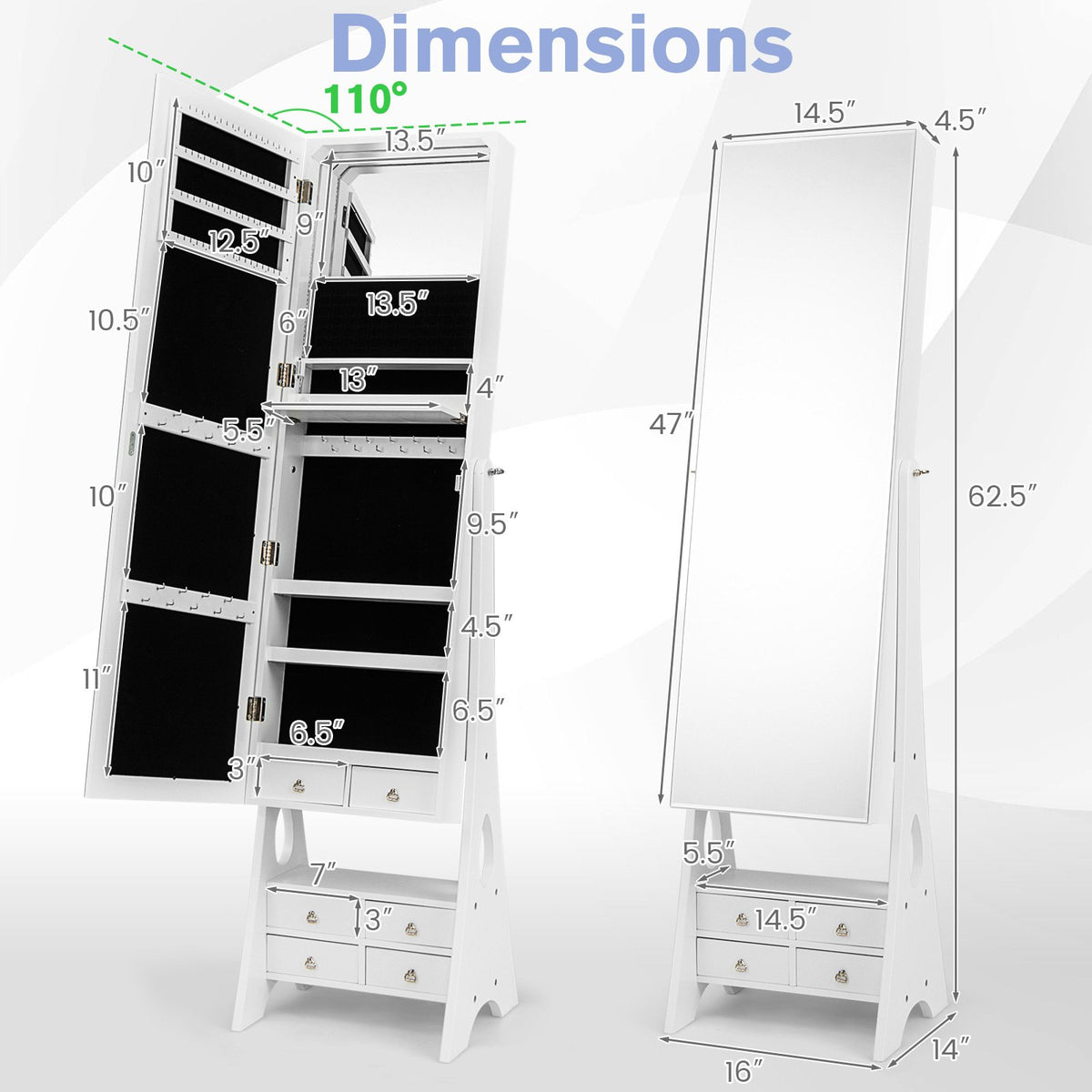 Freestanding Full Length LED Mirrored Jewelry Armoire with 6 Drawers-White view 5